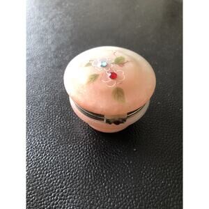 Vtg Alabaster Trinket Box - George GOOD Corporation Pink Floral Needs Glue Pics